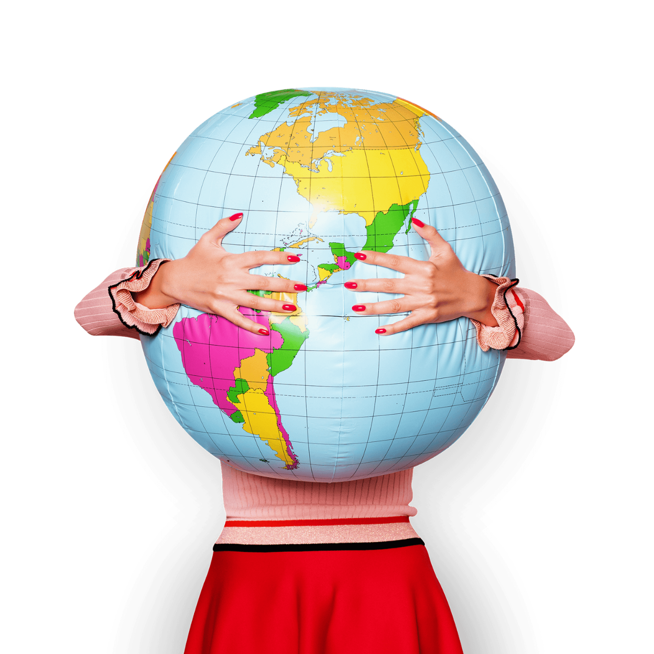 一个穿着红色裙子的女人拥抱了一个过度膨胀的地球仪.
